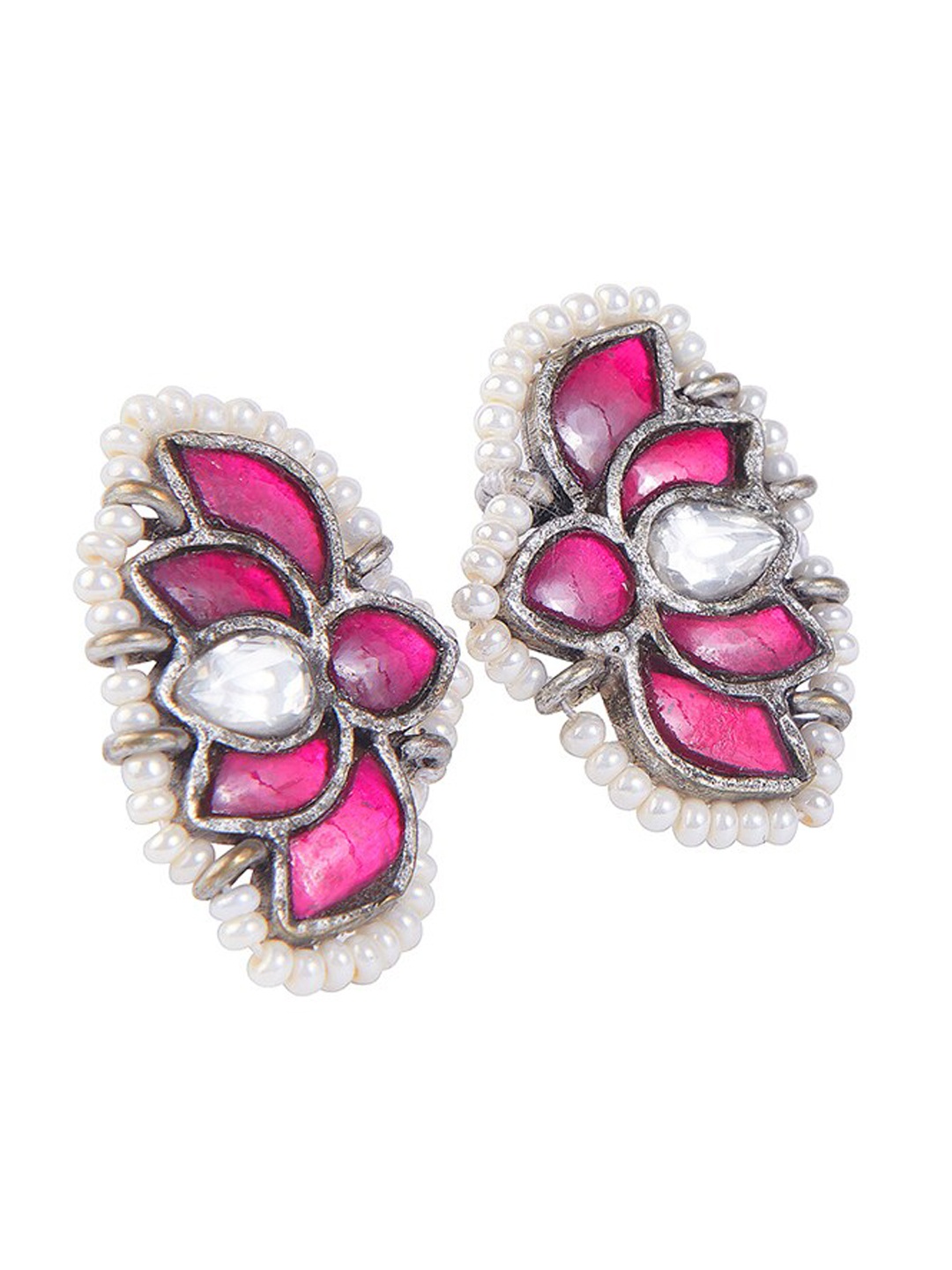 

CURIO COTTAGE Silver-Plated & Stone-Studded With Lotus-Charm Oxidised Finger Ring