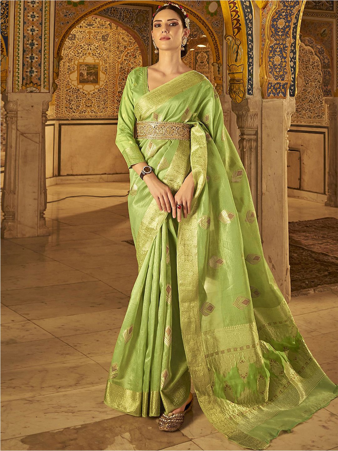 

Satrani Woven Design Zari Silk Cotton Banarasi Saree, Green