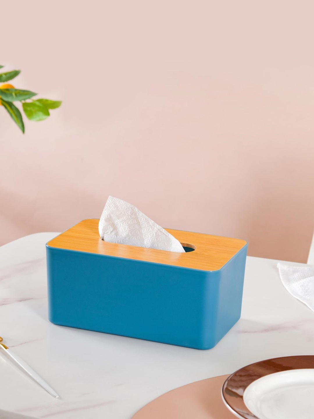 

Nestasia Blue Tissue Box Holder With Wooden Lid