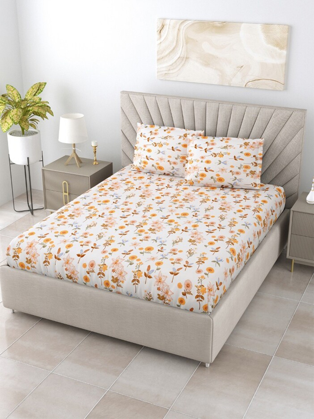 

Salona Bichona Beige & White Floral 144 TC Flat Queen Bedsheet with 2 Pillow Covers