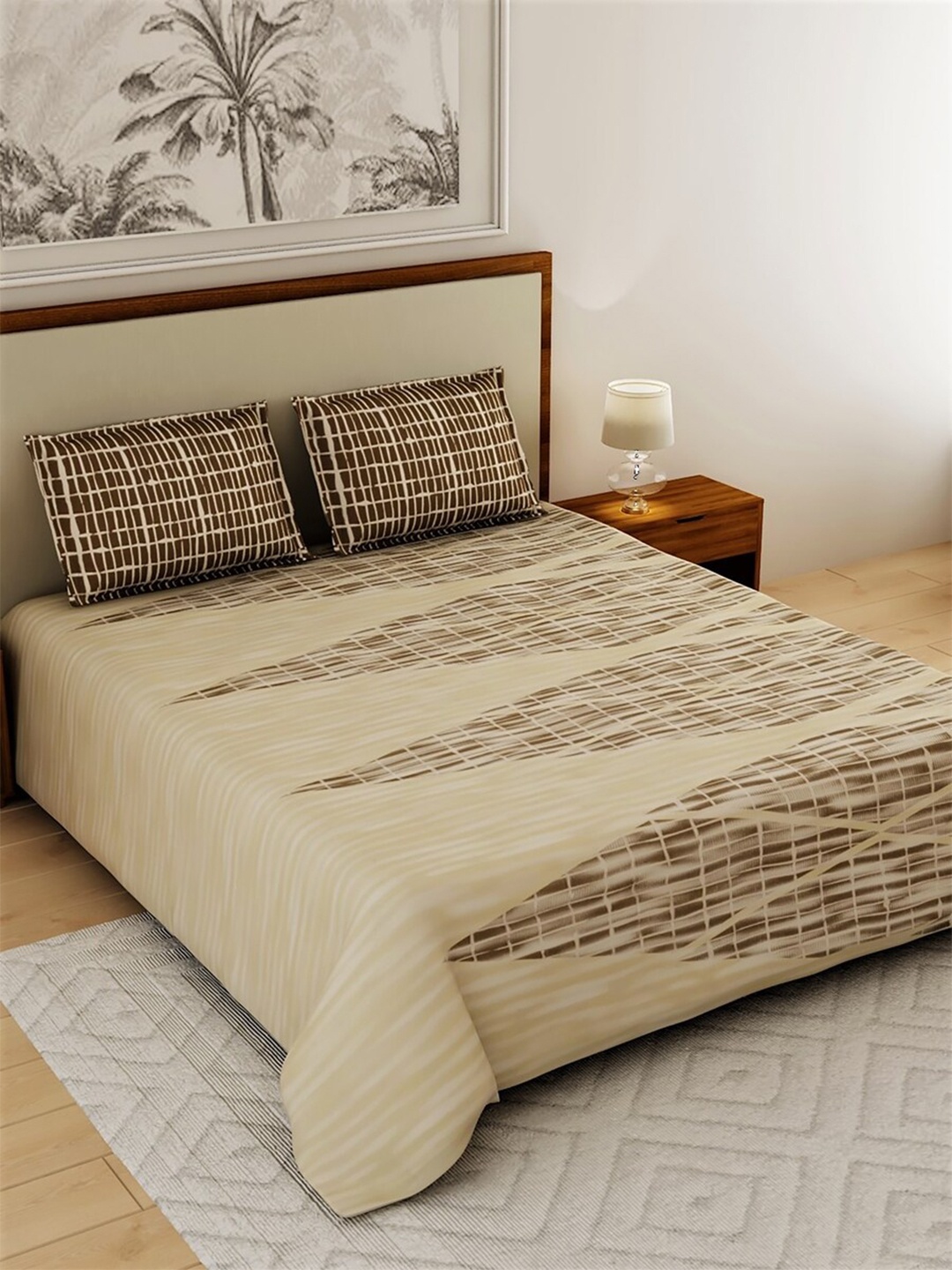 

Salona Bichona Invention Beige & Brown 180 TC Flat Cotton Queen Bedsheet & 2 Pillow Covers