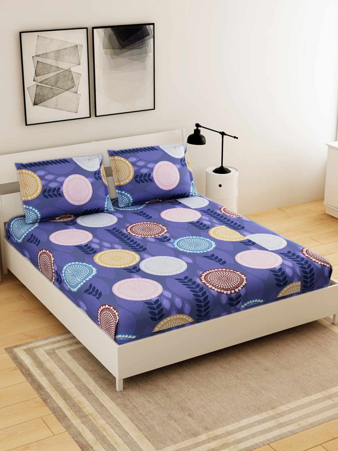 

Salona Bichona Blue & Pink Ethnic Motifs 144 TC Flat Queen Bedsheet & 2 Pillow Covers