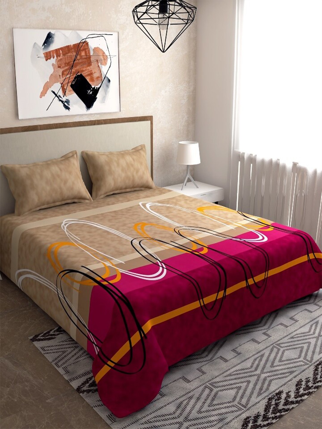 

Salona Bichona Gulmohar Beige & Maroon 120 TC Flat Cotton Queen Bedsheet & 2 Pillow Covers