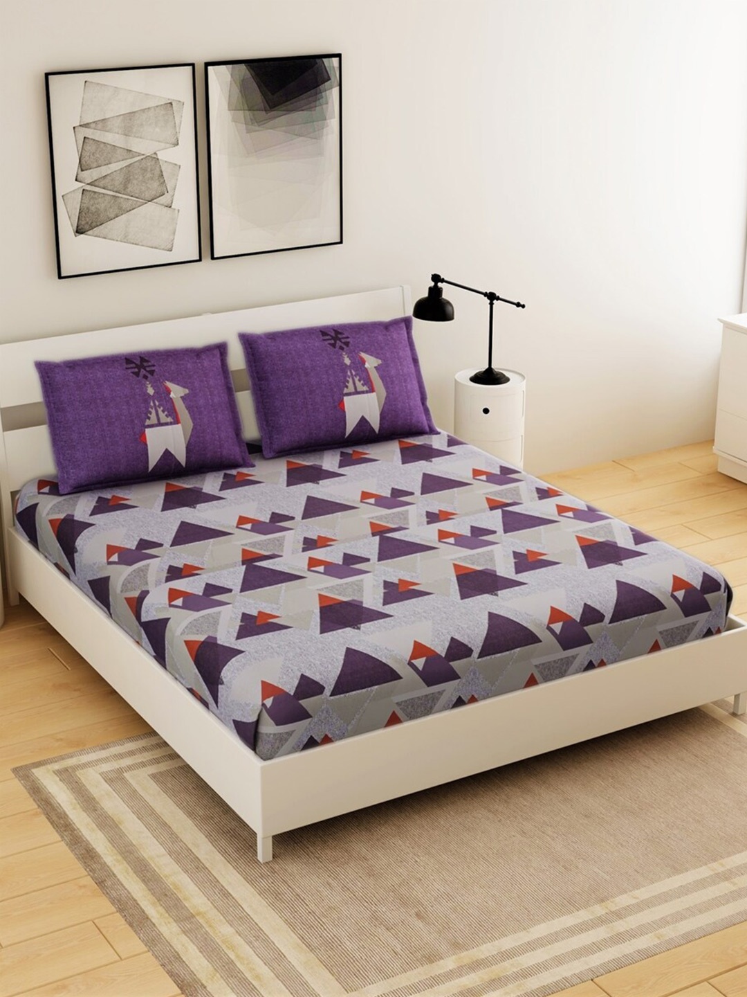 

Salona Bichona Invention Purple & Grey 180 TC Cotton King Bedsheet With 2 Pillow Covers