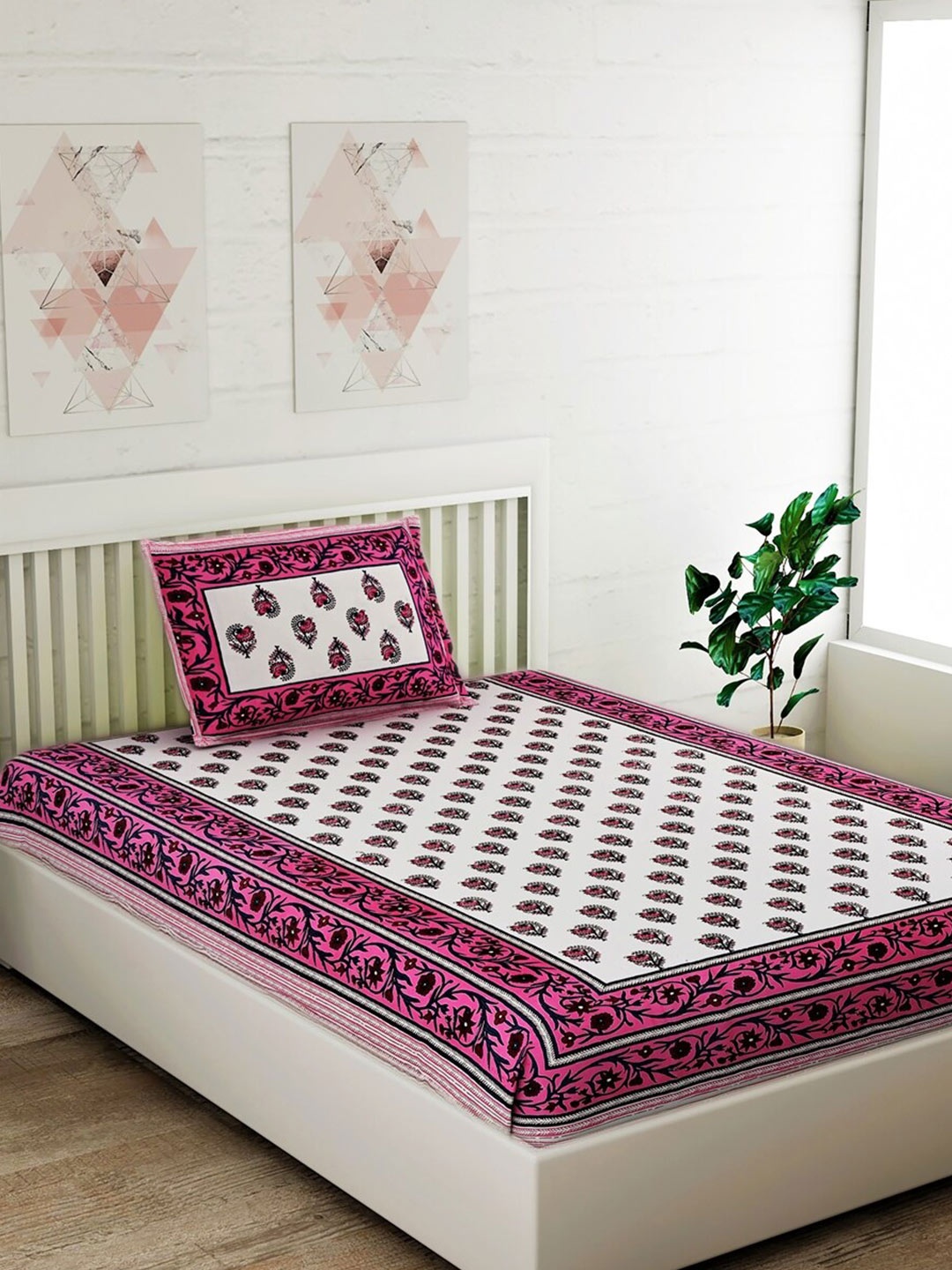 

Salona Bichona Jaipuri Pink & White 120 TC Cotton Single Bedsheet With 1 Pillow Cover