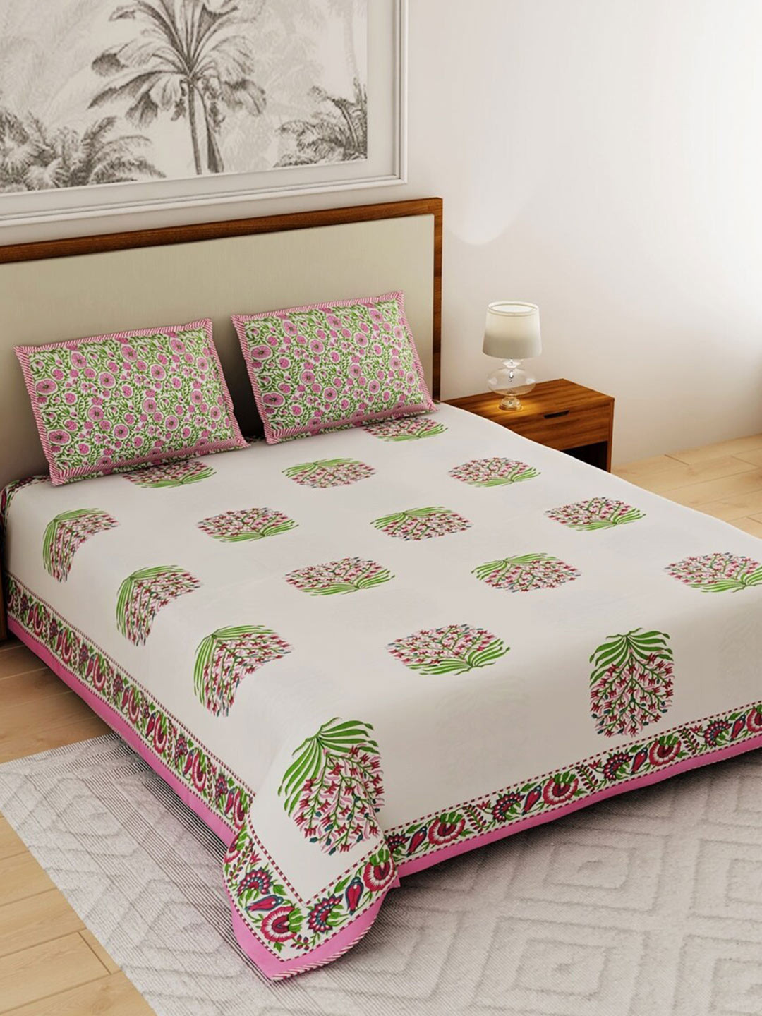 

Salona Bichona Jaipur Gharana Beige & Green 144 TC Queen Bedsheet With 2 Pillow Covers