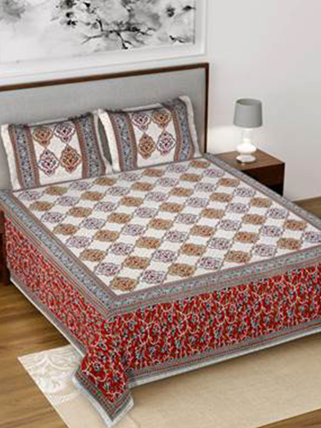 

Salona Bichona Beige & Brown Ethnic Motifs 120 TC Flat King Bedsheet with 2 Pillow Covers
