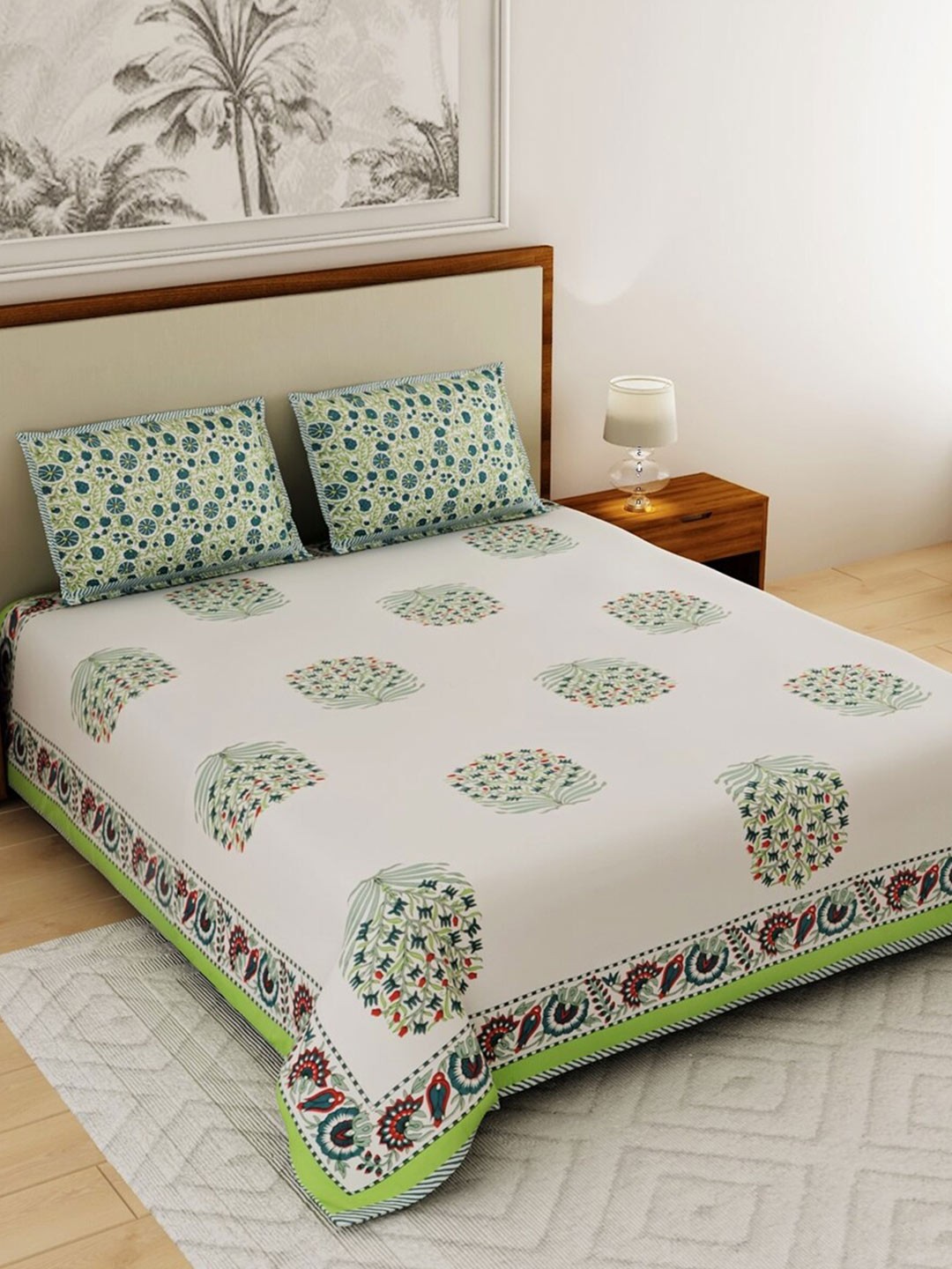 

Salona Bichona Jaipur Gharana White & Green Flat Cotton Queen Bedsheet & 2 Pillow Covers