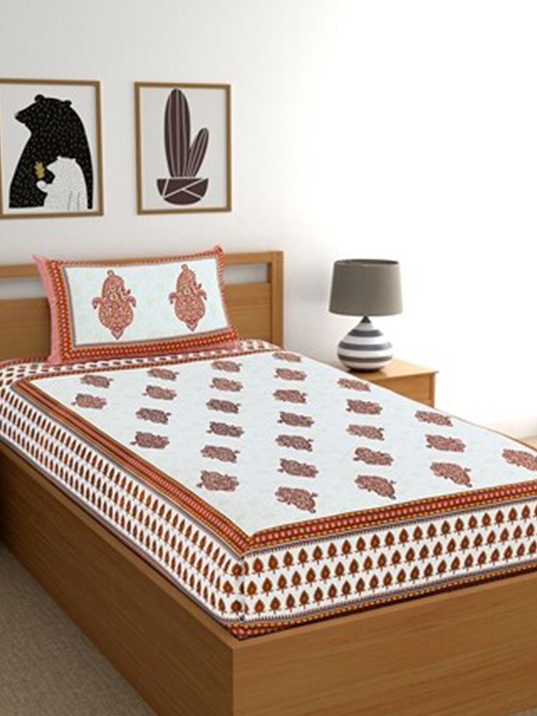 

Salona Bichona Jaipuri White 120 TC Flat Cotton Single Bedsheet & 1 Pillow Cover