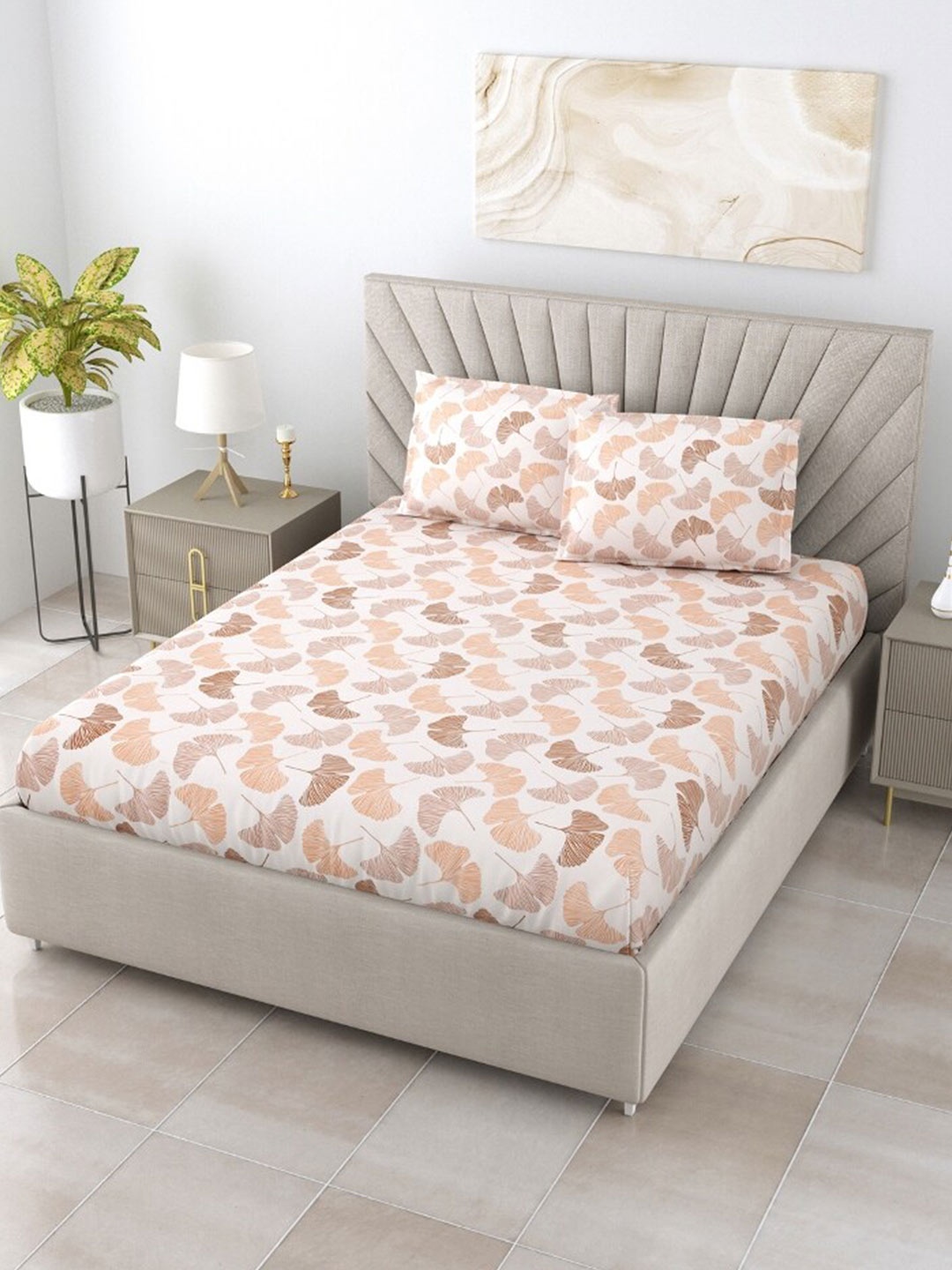 

Salona Bichona Beige & Brown 144 TC Flat Queen Bedsheet with 2 Pillow Covers