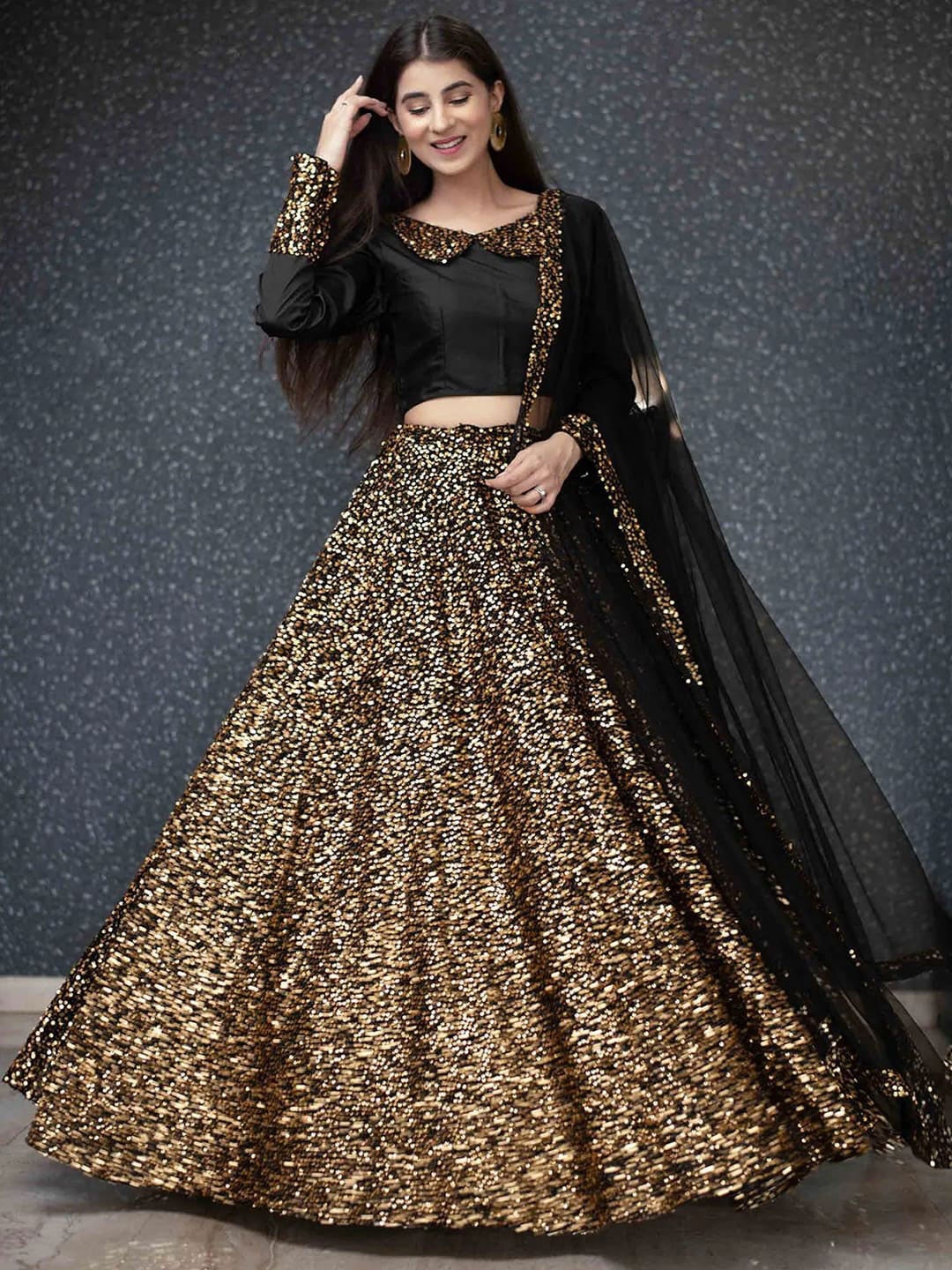 

FABPIXEL Embellished Sequinned Velvet Semi-Stitched Lehenga & Unstitched Blouse & Dupatta, Black