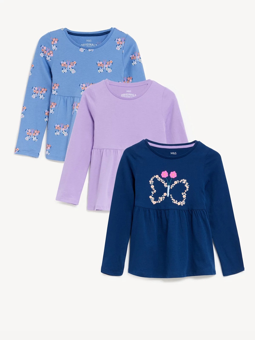 

Marks & Spencer Girls Pack Of 3 Floral Printed Empire Top, Blue
