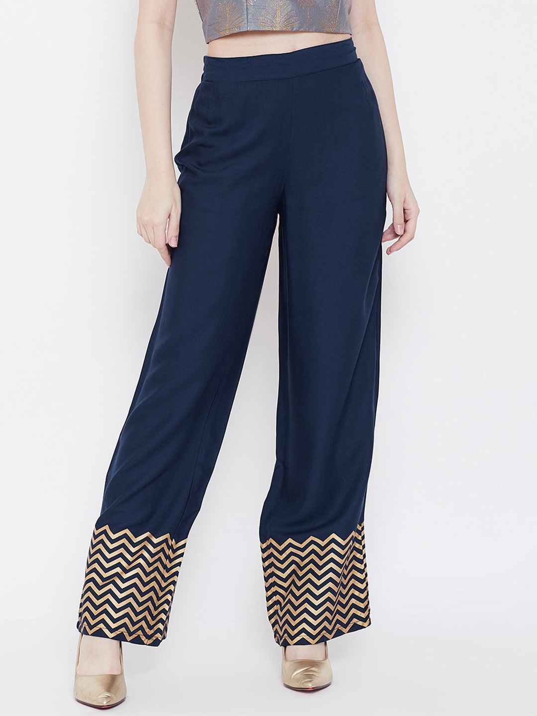 

Be Indi Women Geometric Hem Design Straight Palazzo, Navy blue