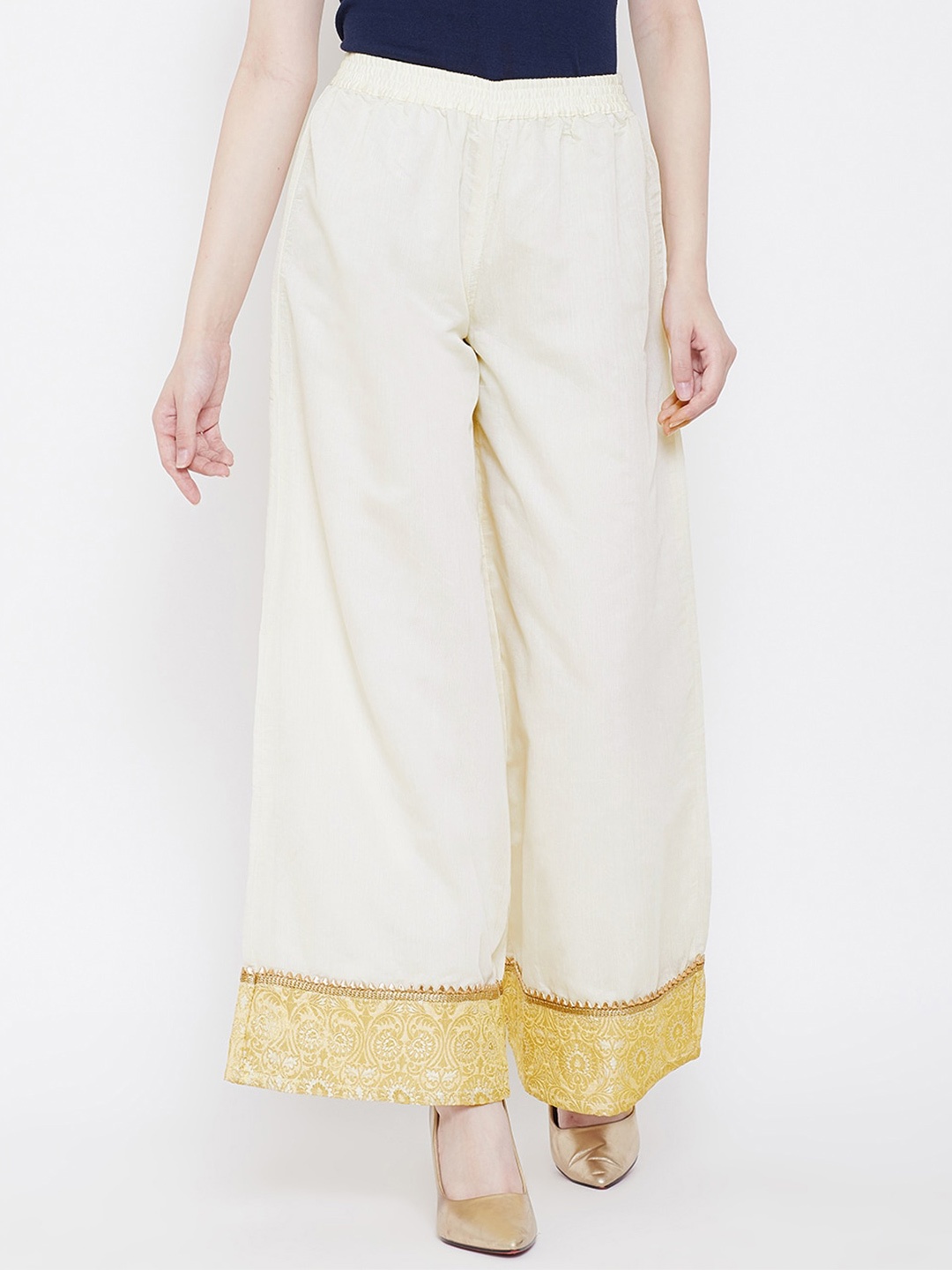 

Be Indi Women Ethnic Motifs Hem Design Ethnic Wide Leg Palazzo, Off white