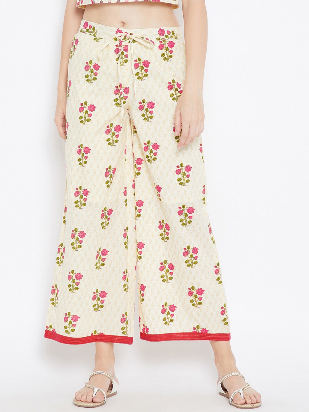 

Be Indi Women Floral Printed Cotton Knitted Palazzos, Cream