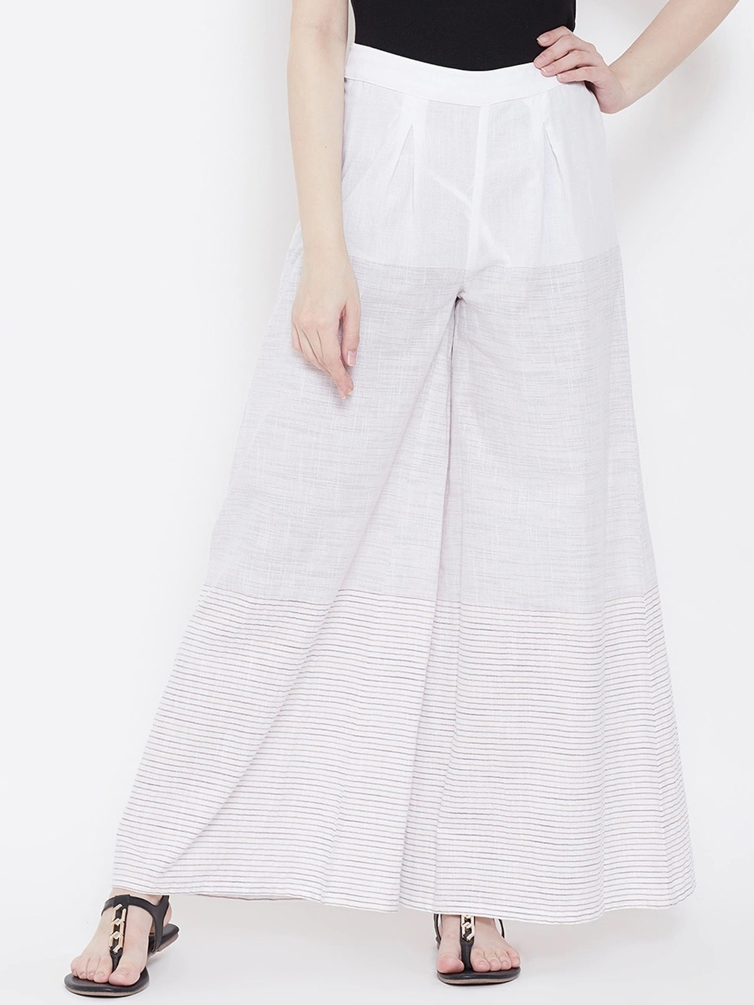

Be Indi Women Striped Slip-On Cotton Wide Leg Ethnic Palazzo, White