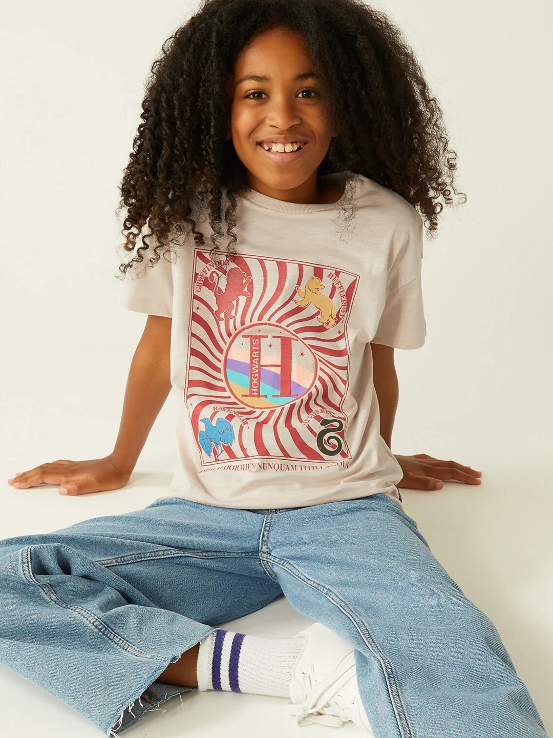 

Marks & Spencer Girls Printed Drop Shoulder Sleeves Pure Cotton T-shirt, Beige
