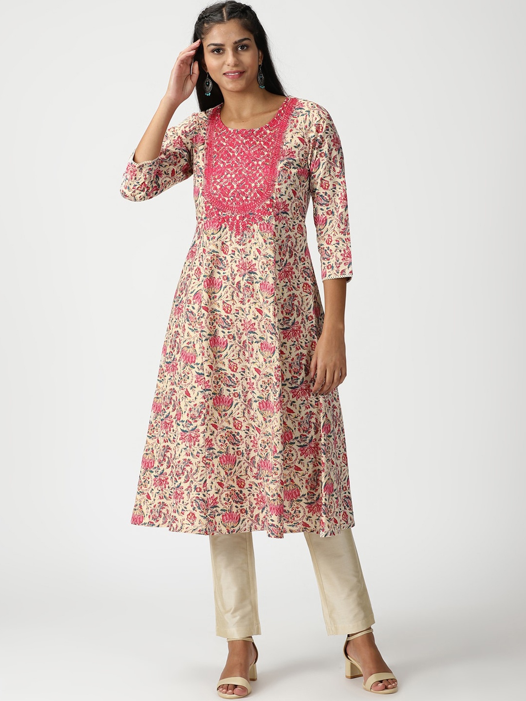 

Saffron Yoke Design Floral Print Pure Cotton A-Line Kurta, Off white