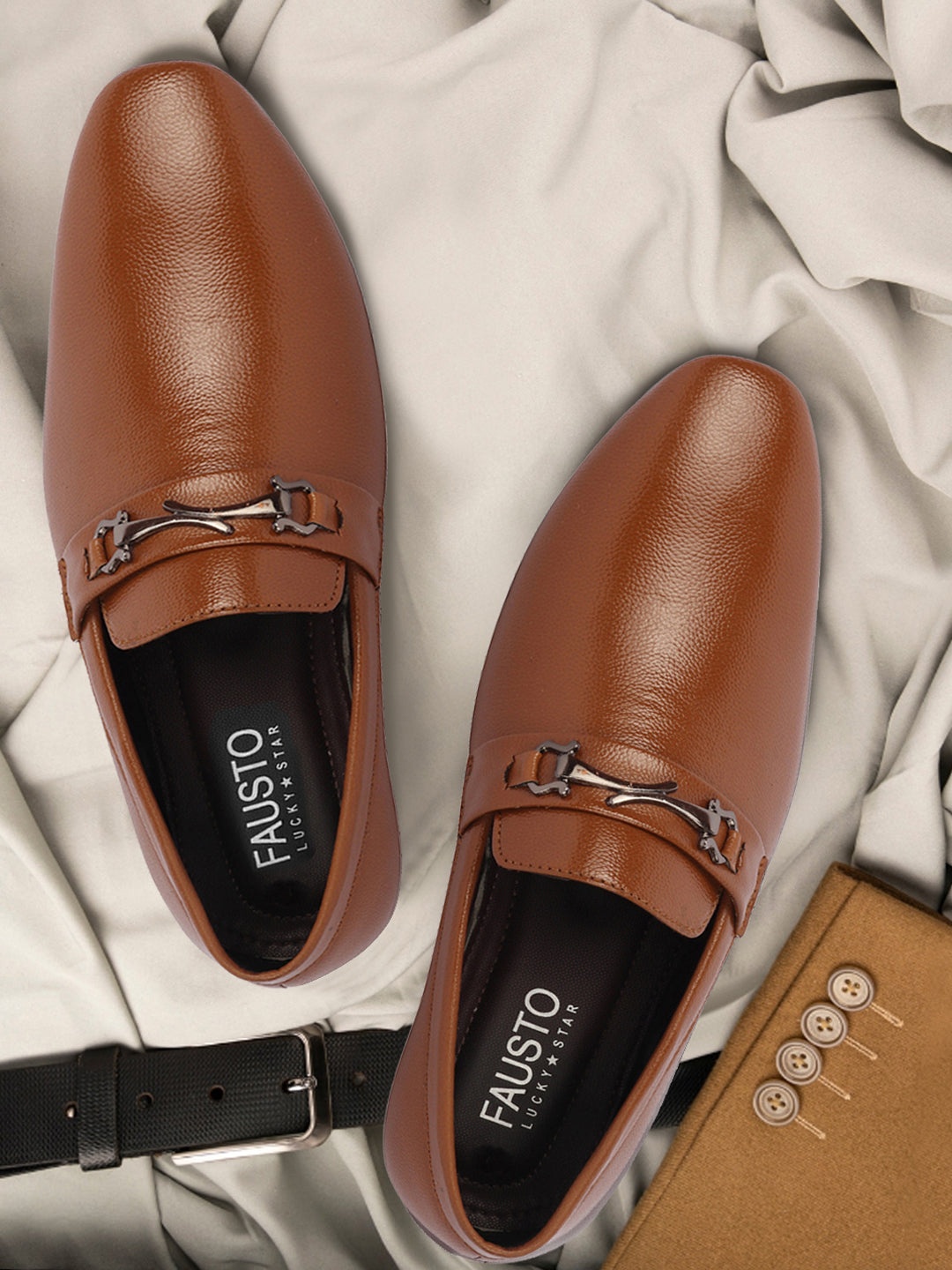 

FAUSTO Men Horsebit Buckle Formal Slip On Shoes, Tan