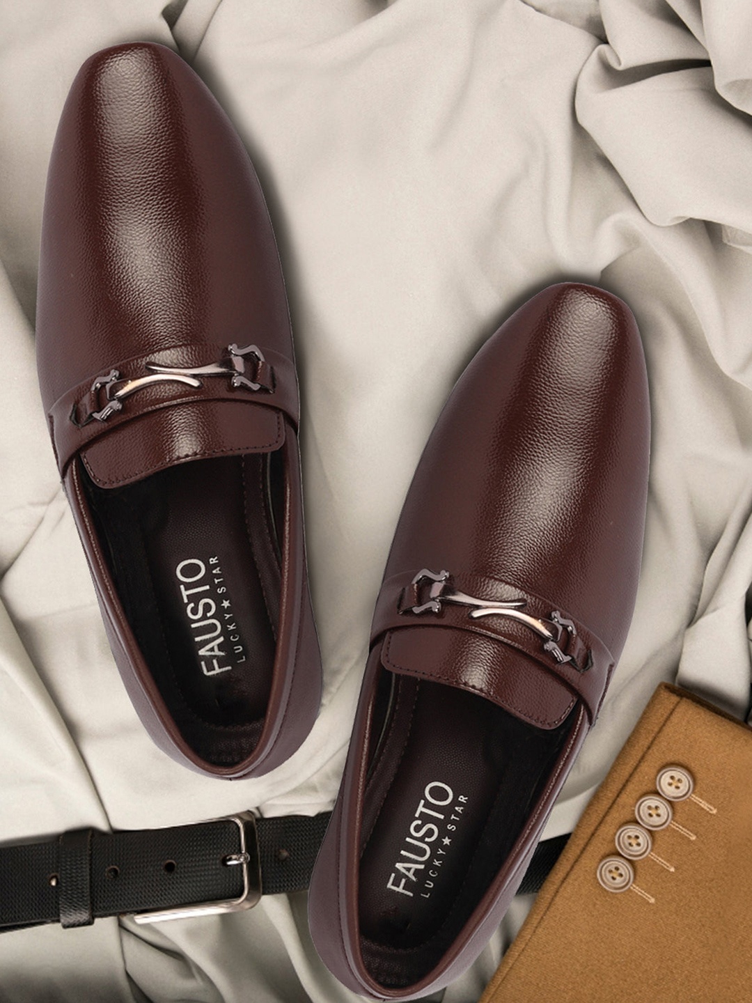 

FAUSTO Men Horsebit Buckle Pointed Toe Formal Slip On Shoes, Brown