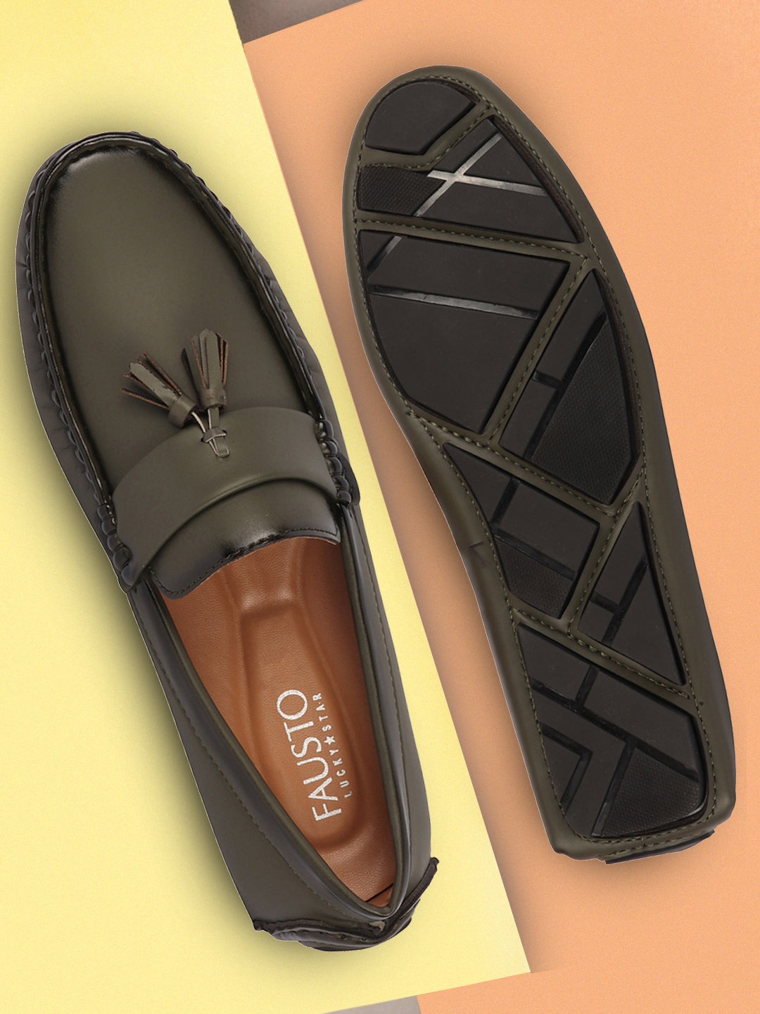 

FAUSTO Men Round Toe Tassel Loafers, Olive