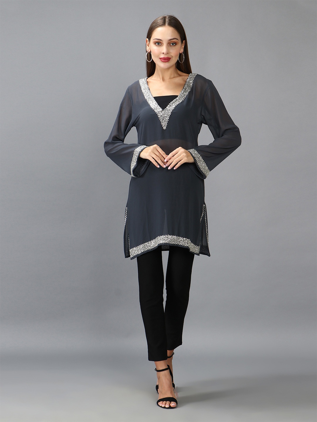 

DEBONATELLA Embellished Sheer Tunic, Grey