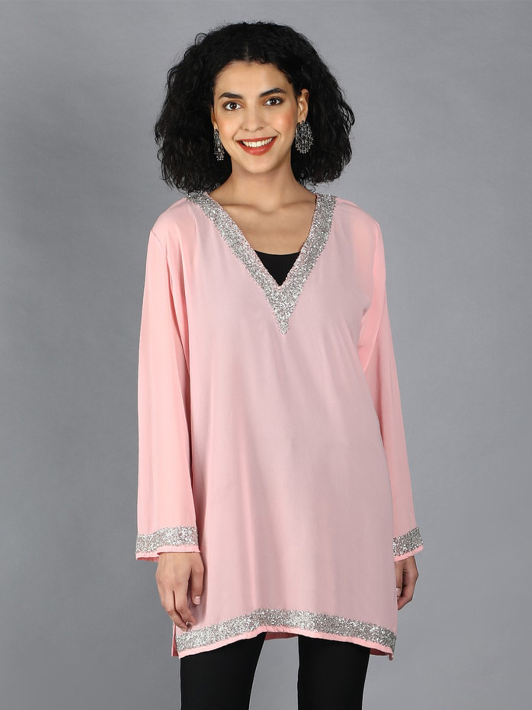 

DEBONATELLA Embellished V-Neck Georgette Longline Top, Pink