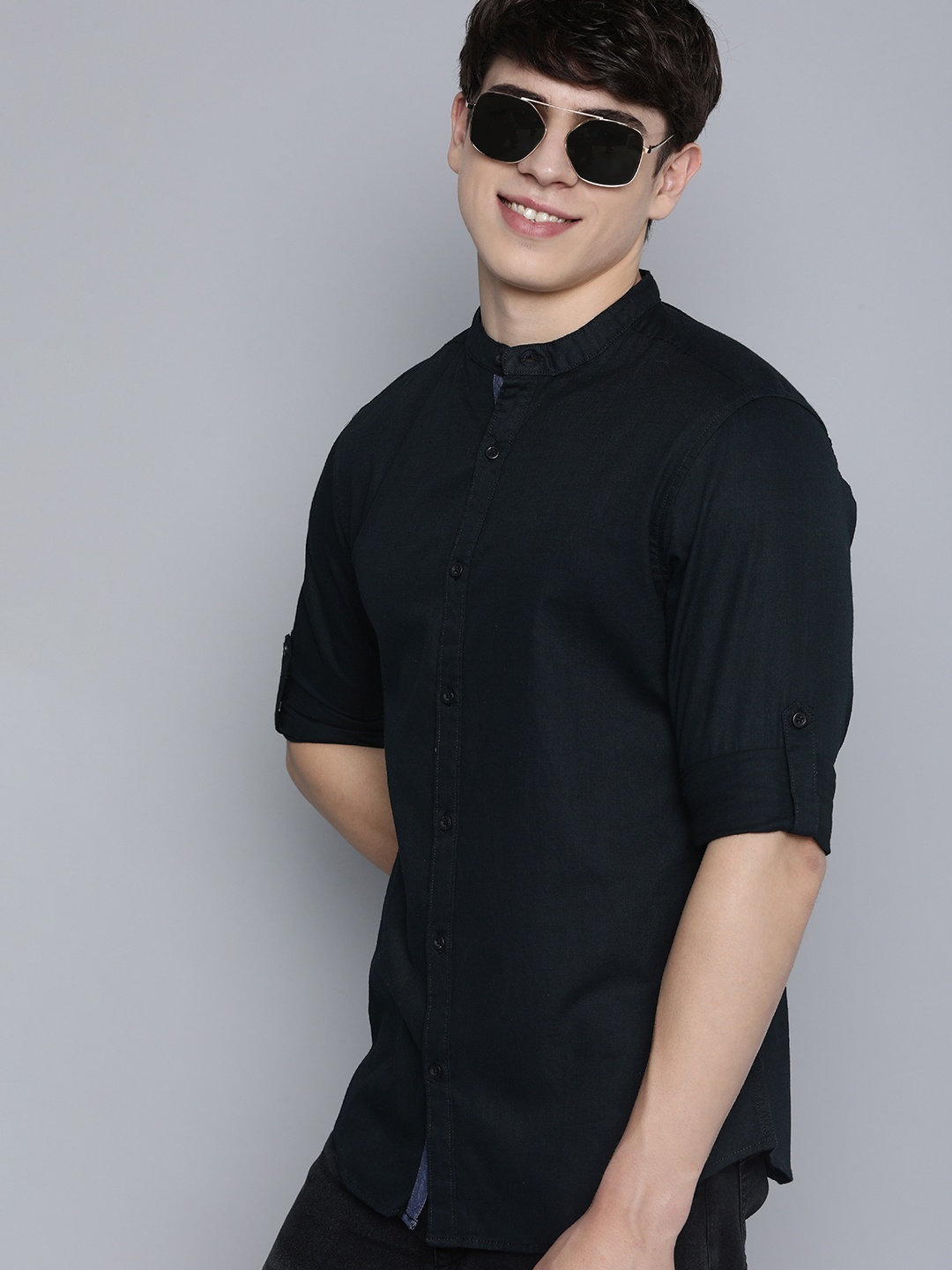 

HERE&NOW Mandarin Collar Slim Fit Casual Shirt, Black