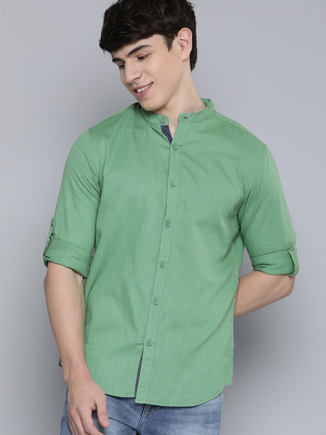 

HERE&NOW Mandarin Collar Slim Fit Casual Shirt, Green