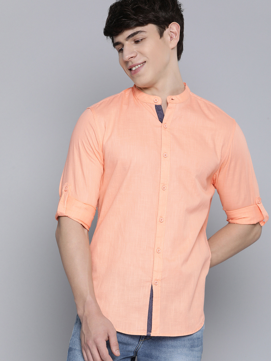 

HERE&NOW Mandarin Collar Slim Fit Casual Shirt, Peach