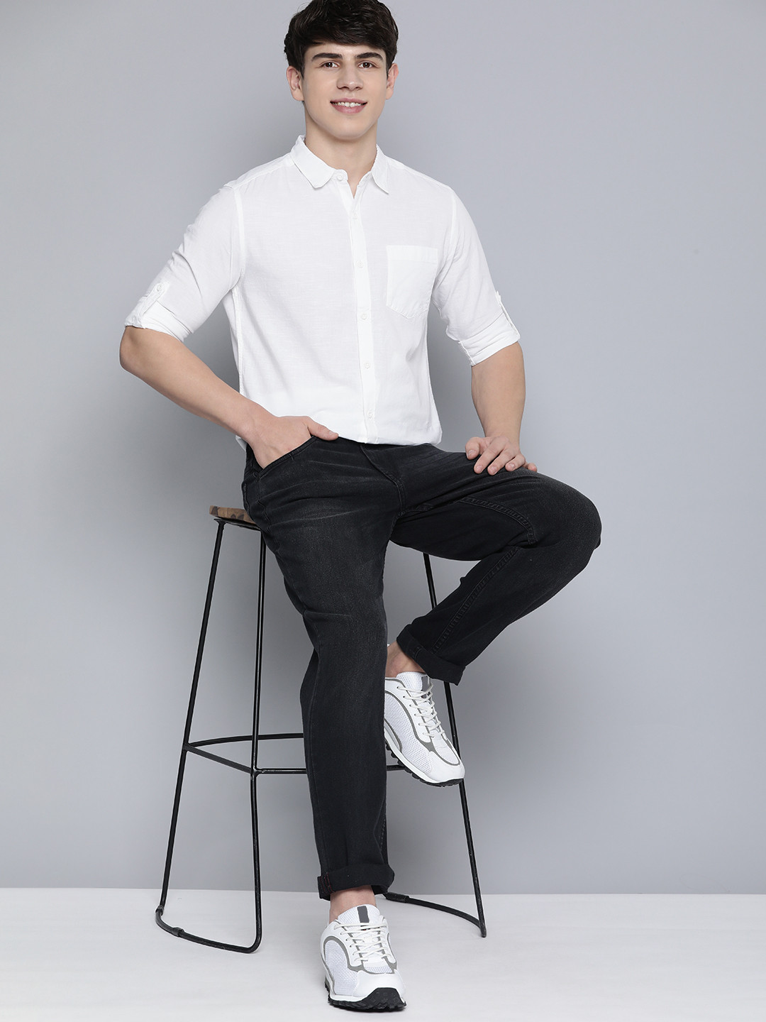 

HERE&NOW Mandarin Collar Slim Fit Casual Shirt, White