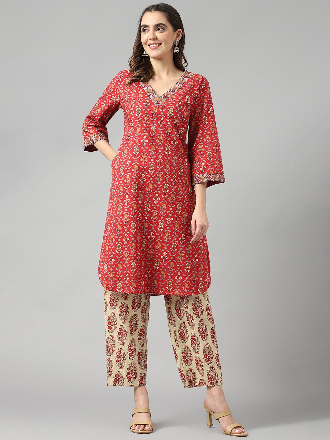 

DECKEDUP Ethnic Motifs Printed Cotton Kurta, Red