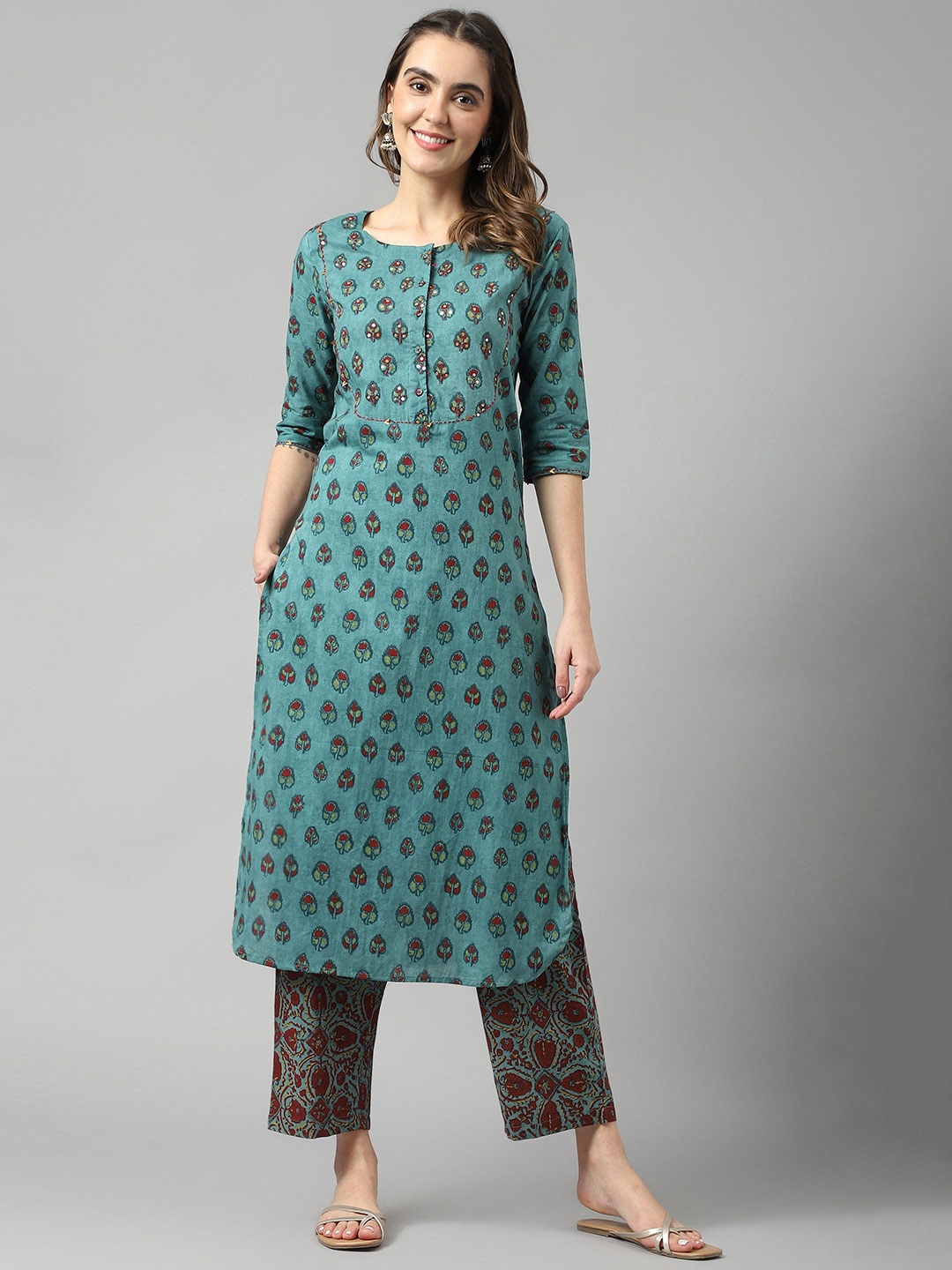 

DECKEDUP Embroidered Cotton Round Neck Straight Kurta, Teal