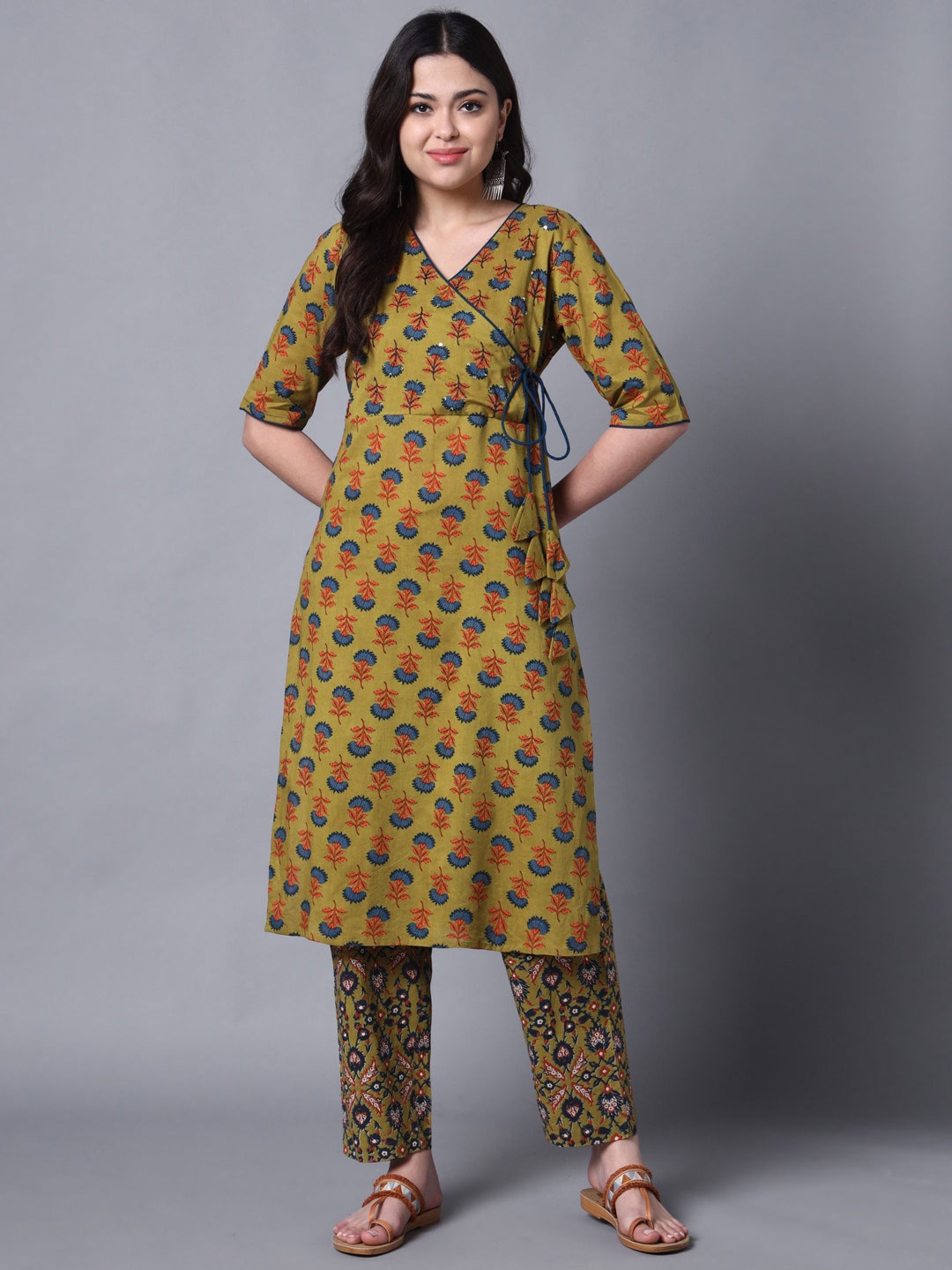 

DECKEDUP Ethnic Motifs Printed Pure Cotton Angrakha Kurta, Green