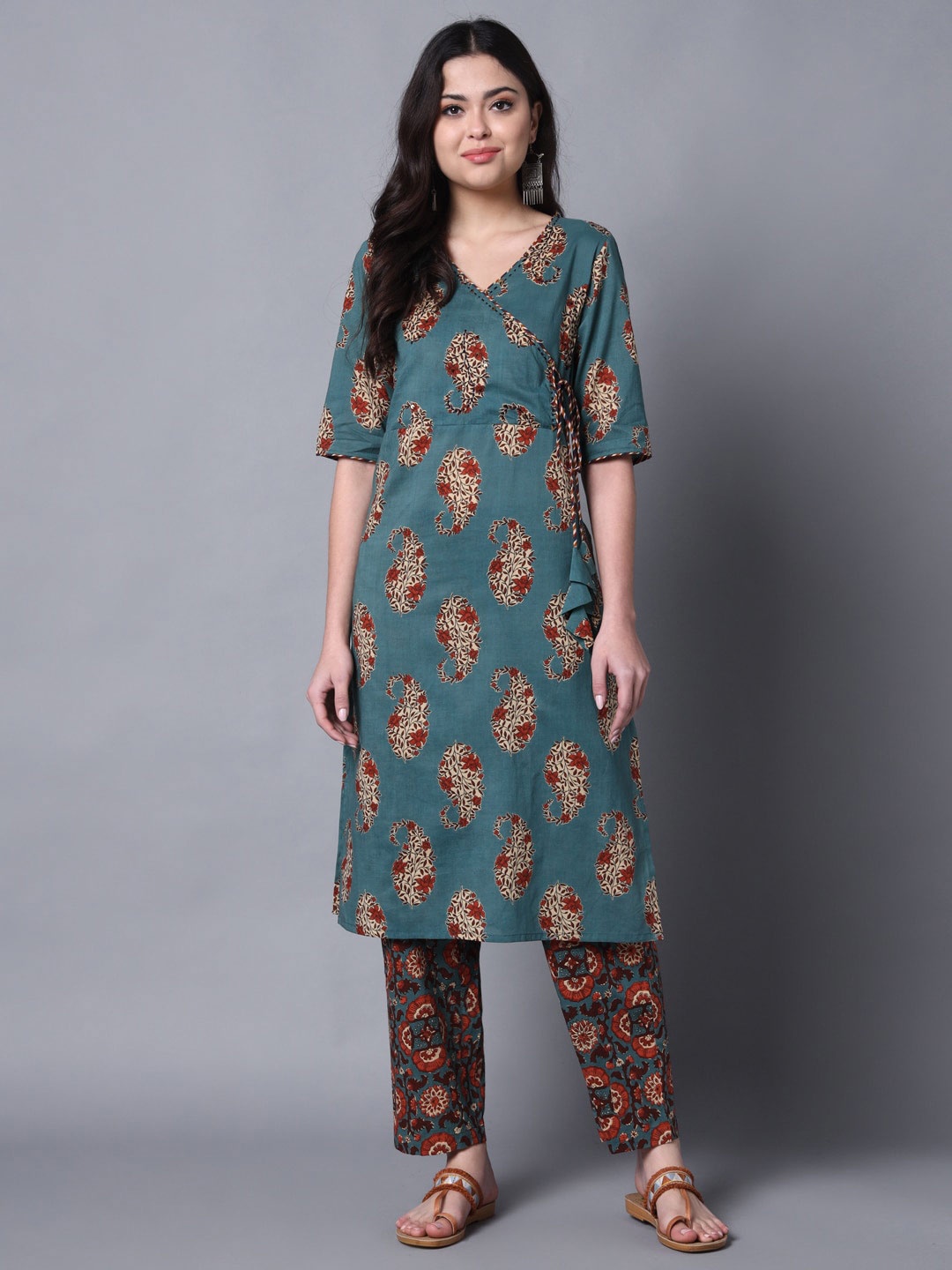 

DECKEDUP Angrakha Ethnic Motifs Printed Pure Cotton Kurta, Teal