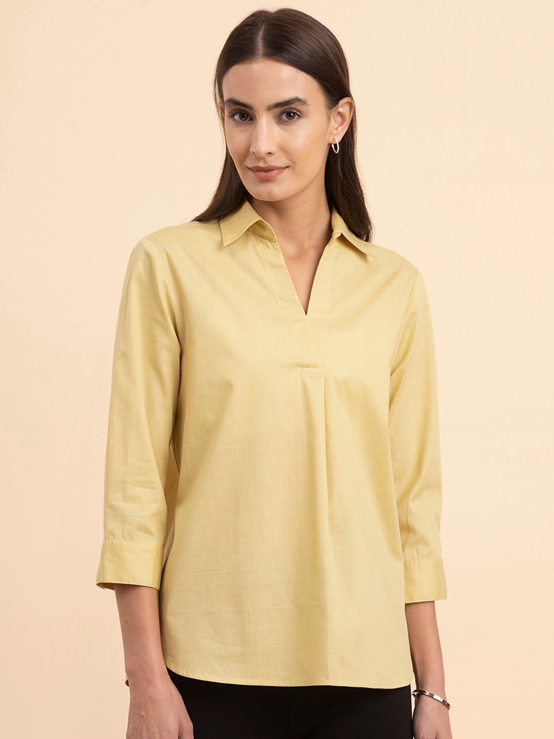 

FableStreet Cuffed Sleeves Cotton Linen Shirt Style Top, Yellow