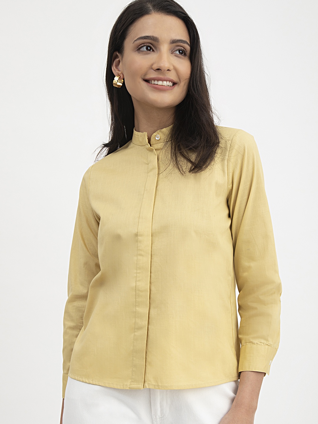 

FableStreet Band Collar Classic Cotton Linen Formal Shirt, Yellow