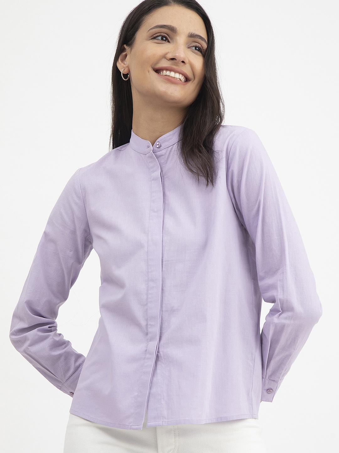 

FableStreet Band Collar Classic Cotton Linen Formal Shirt, Purple