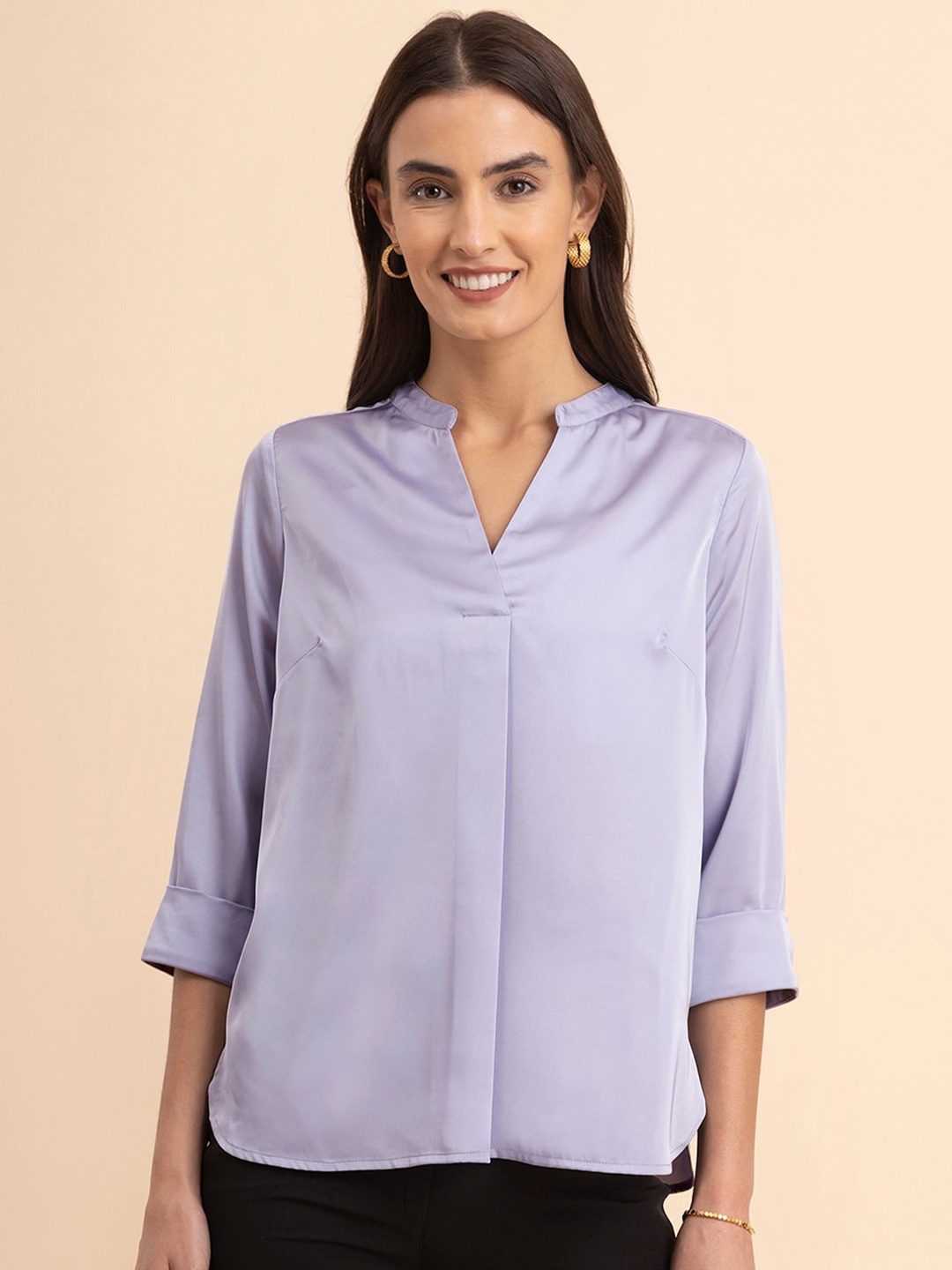 

FableStreet Mandarin Collar Pleated Satin Shirt Style Top, Lavender