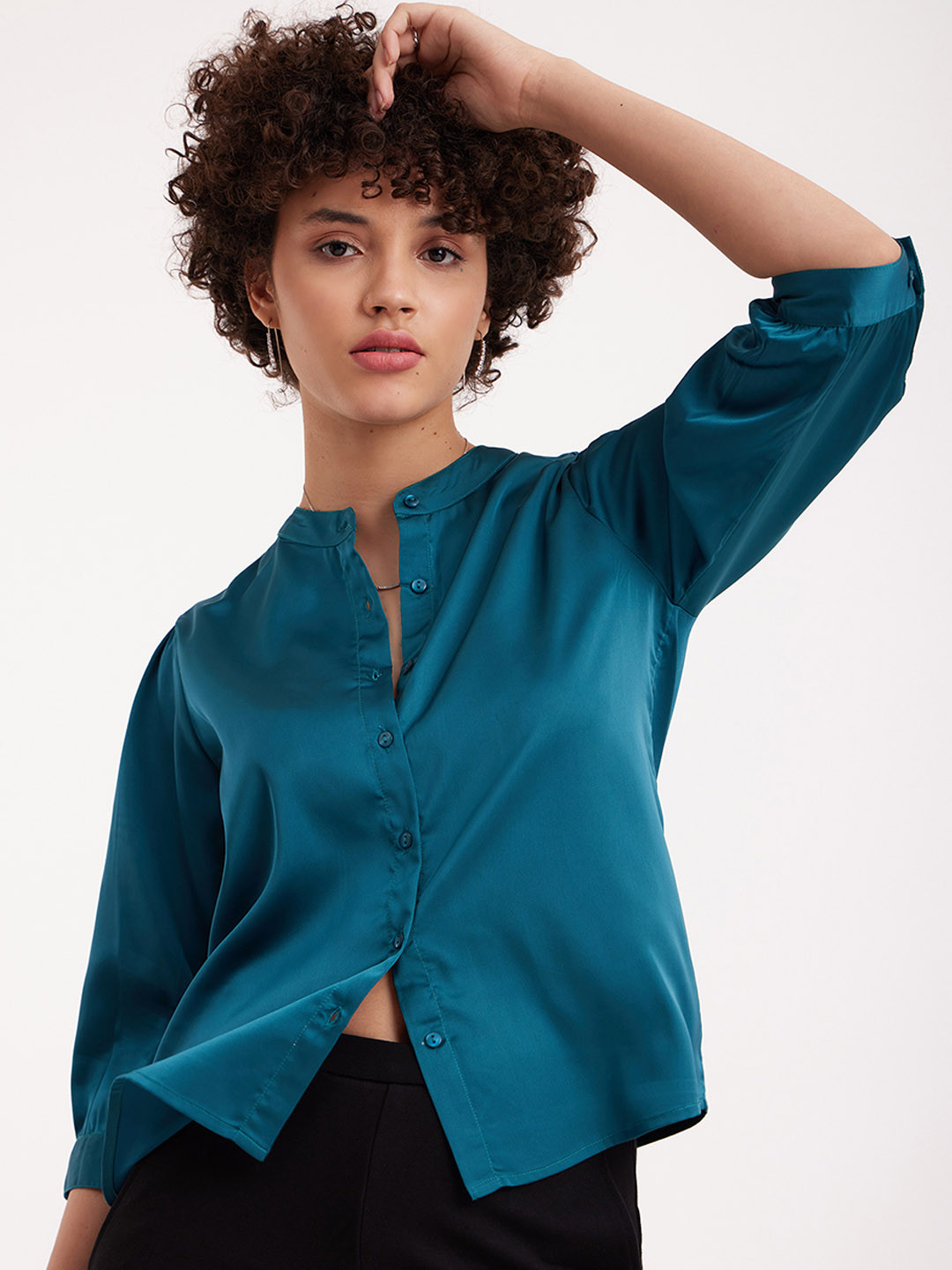 

FableStreet Band Collar Classic Satin Formal Shirt, Green