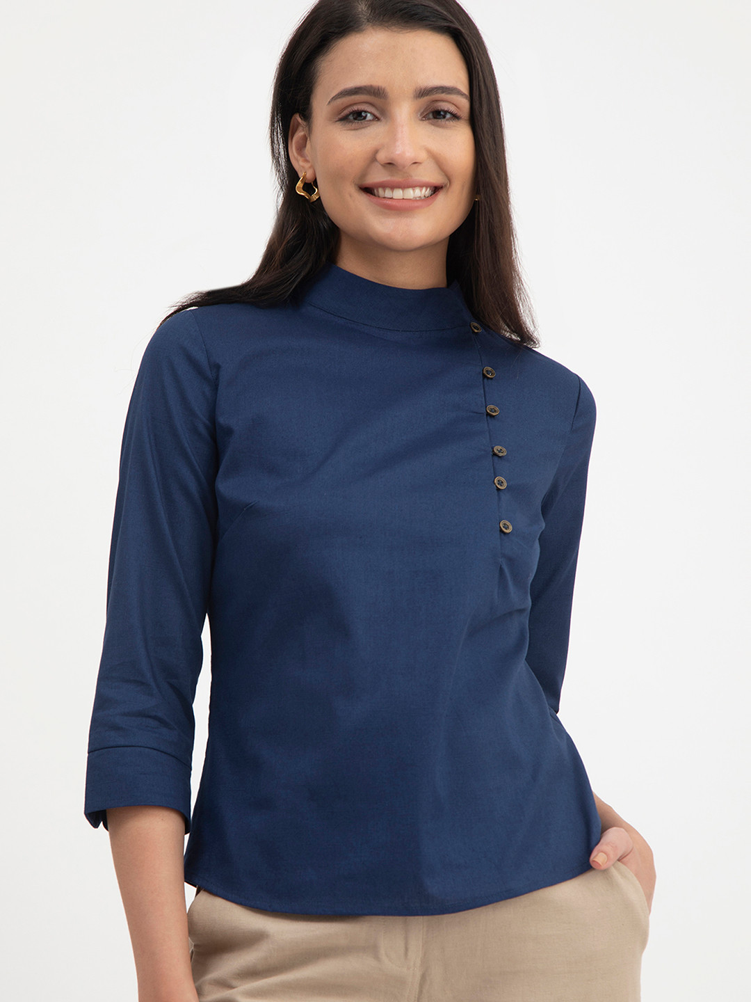 

FableStreet High Neck Button Detail Linen Top, Navy blue