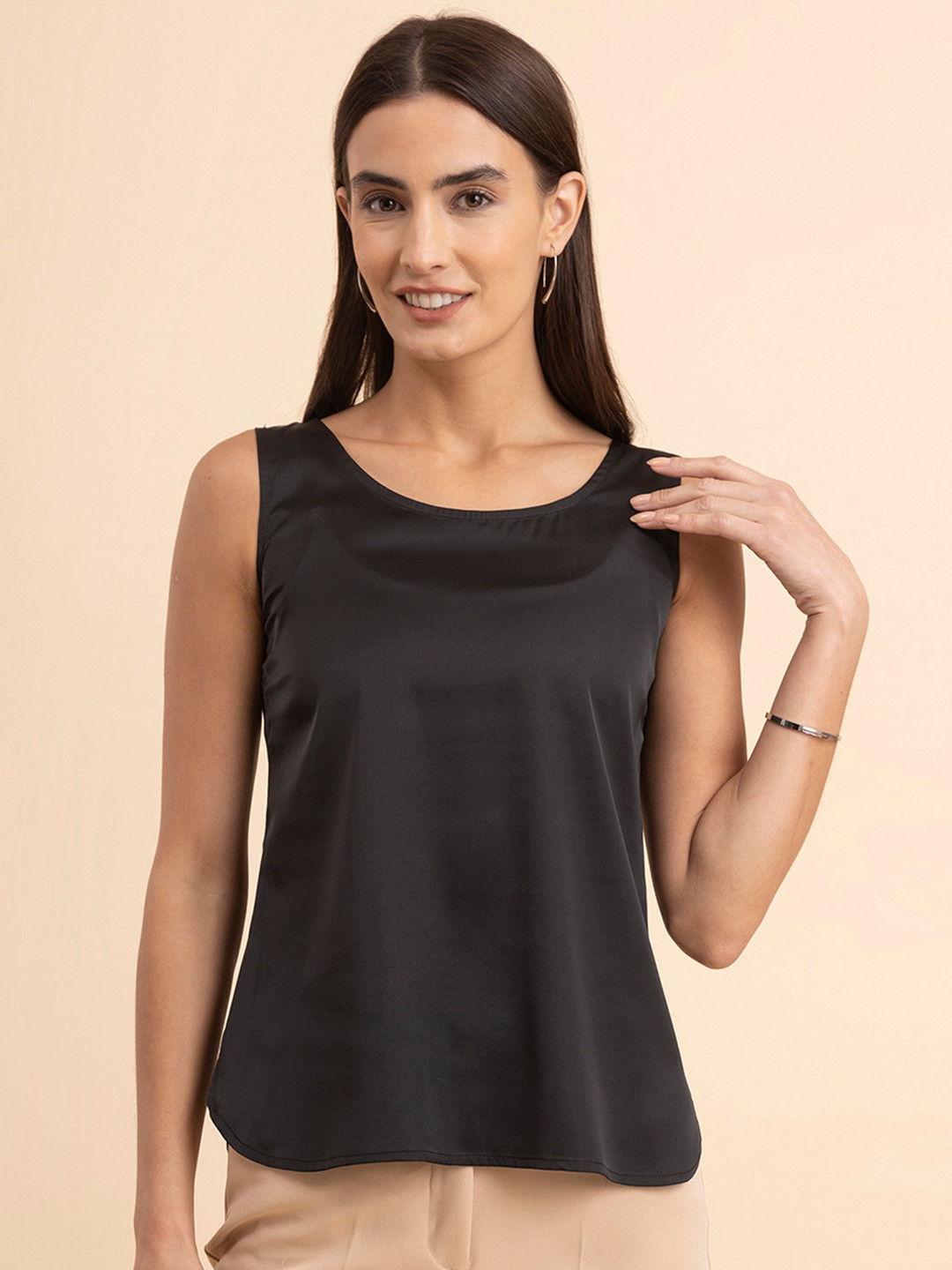 

FableStreet Round Neck Satin Top, Black