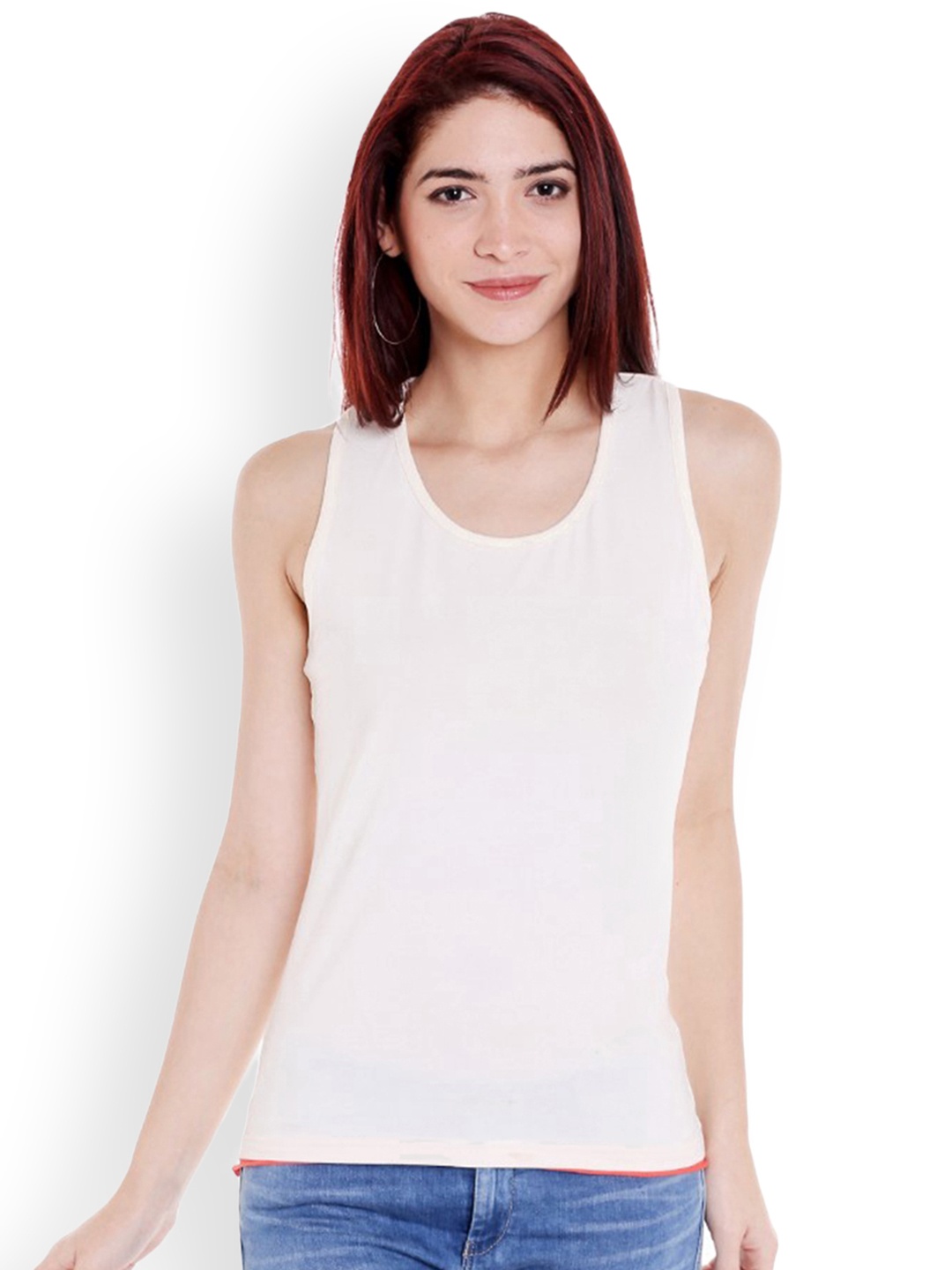 

Style Quotient Women Off-White Solid Tank Pure Cotton Top