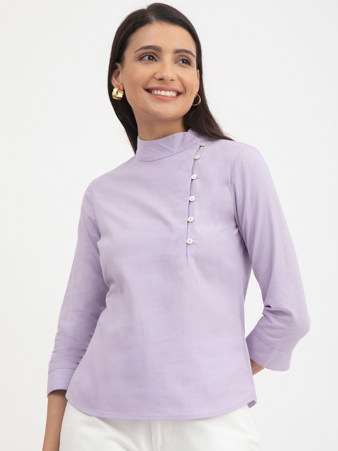 

FableStreet Mandarin Collar Linen Shirt Style Top, Lavender