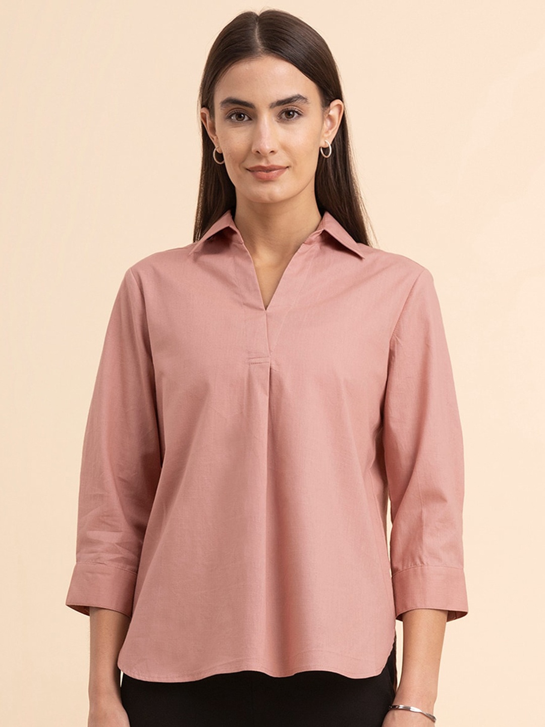 

FableStreet Shirt Collar Linen Shirt Style Top, Peach
