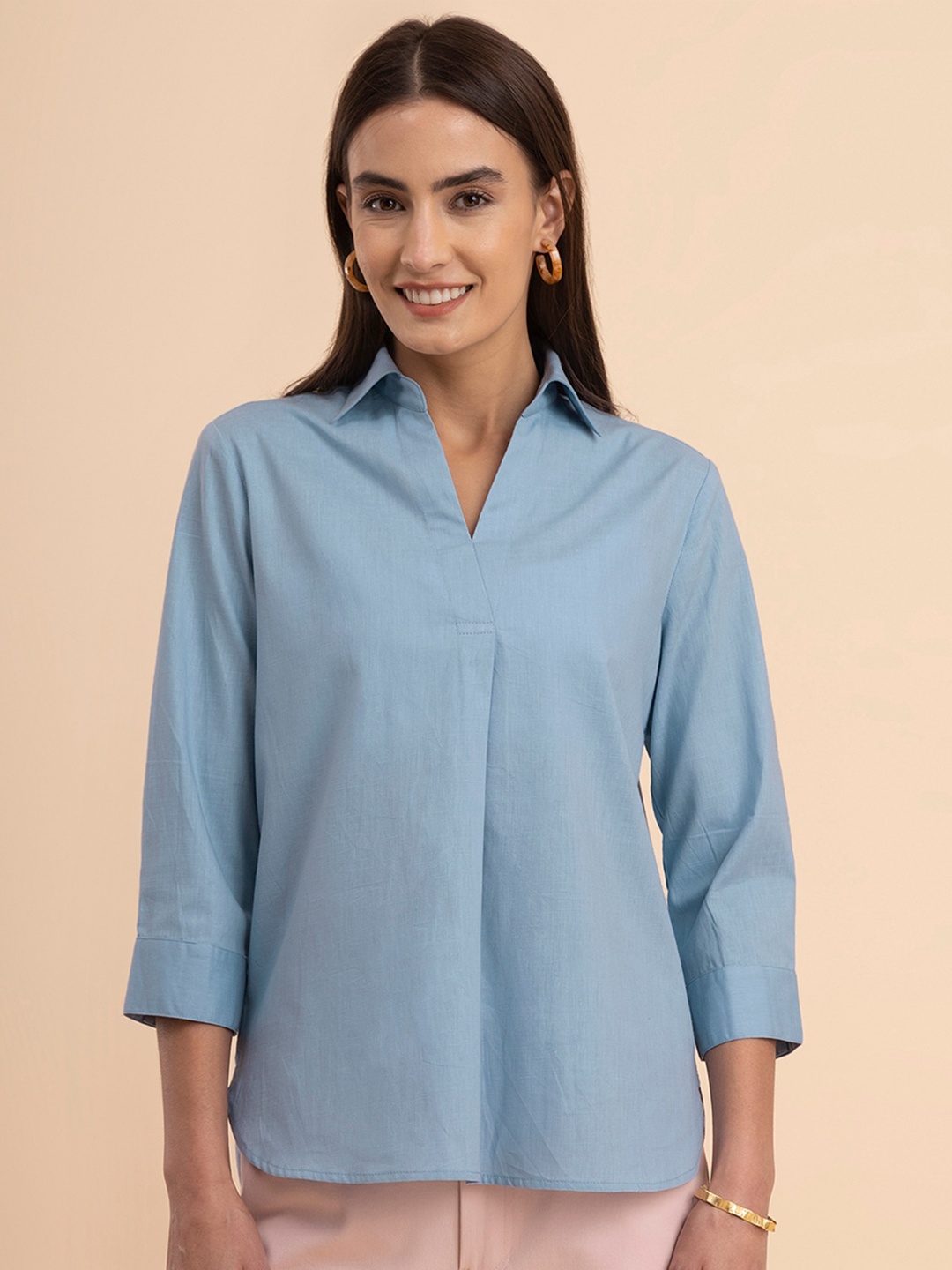 

FableStreet Shirt Collar Linen Shirt Style Top, Blue