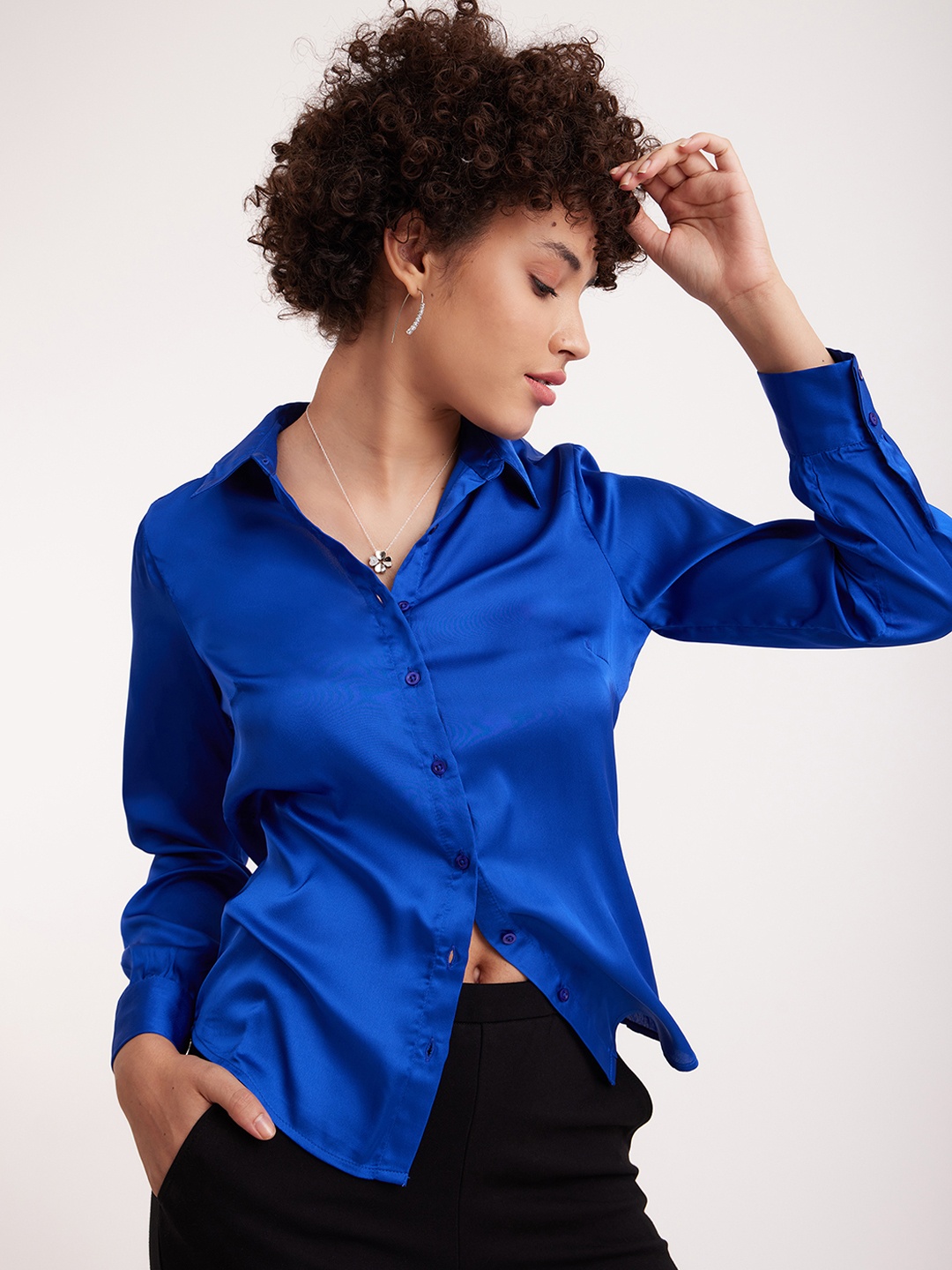 

FableStreet Band Collar Classic Satin Formal Shirt, Blue