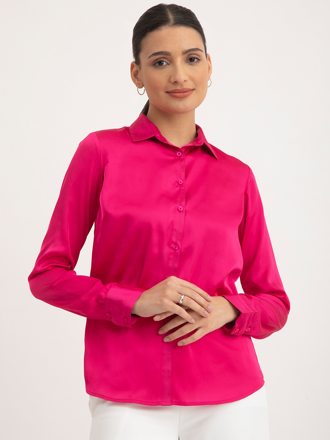 

FableStreet Band Collar Classic Satin Formal Shirt, Fuchsia