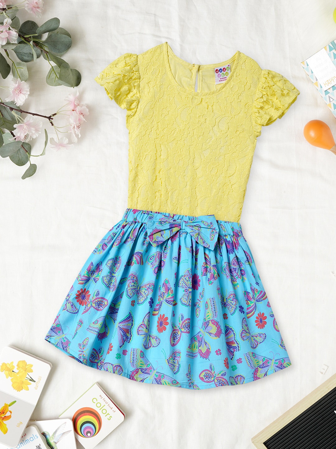 

ZION Girls Self Design Top With Printed Skirt, Blue