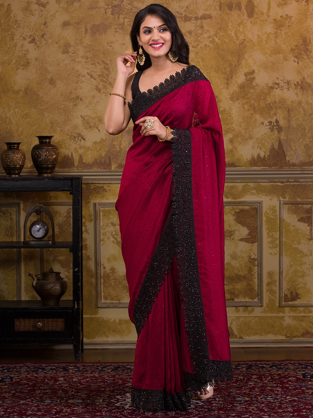 

Koskii Embellished Beads and Stones Satin Saree, Maroon